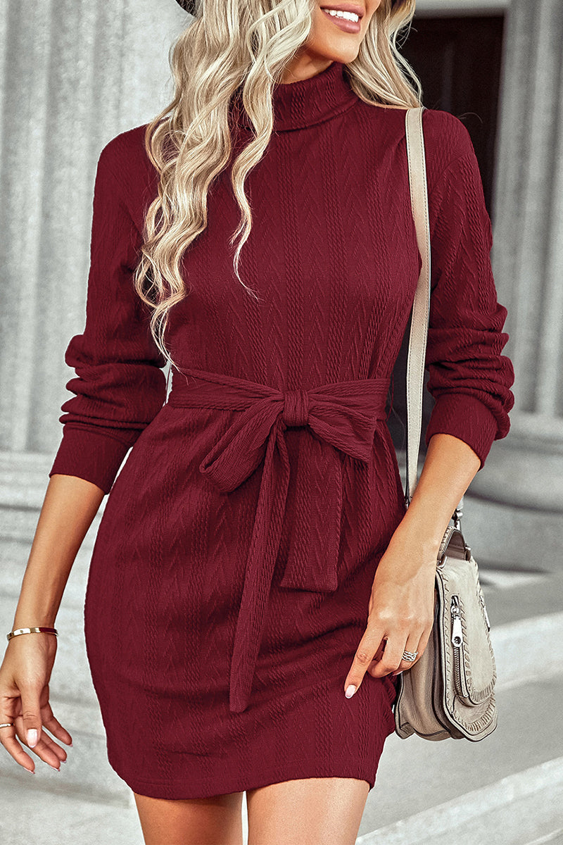 Solid Bandage Half A Turtleneck Long Sleeve Dresses(4 Colors)