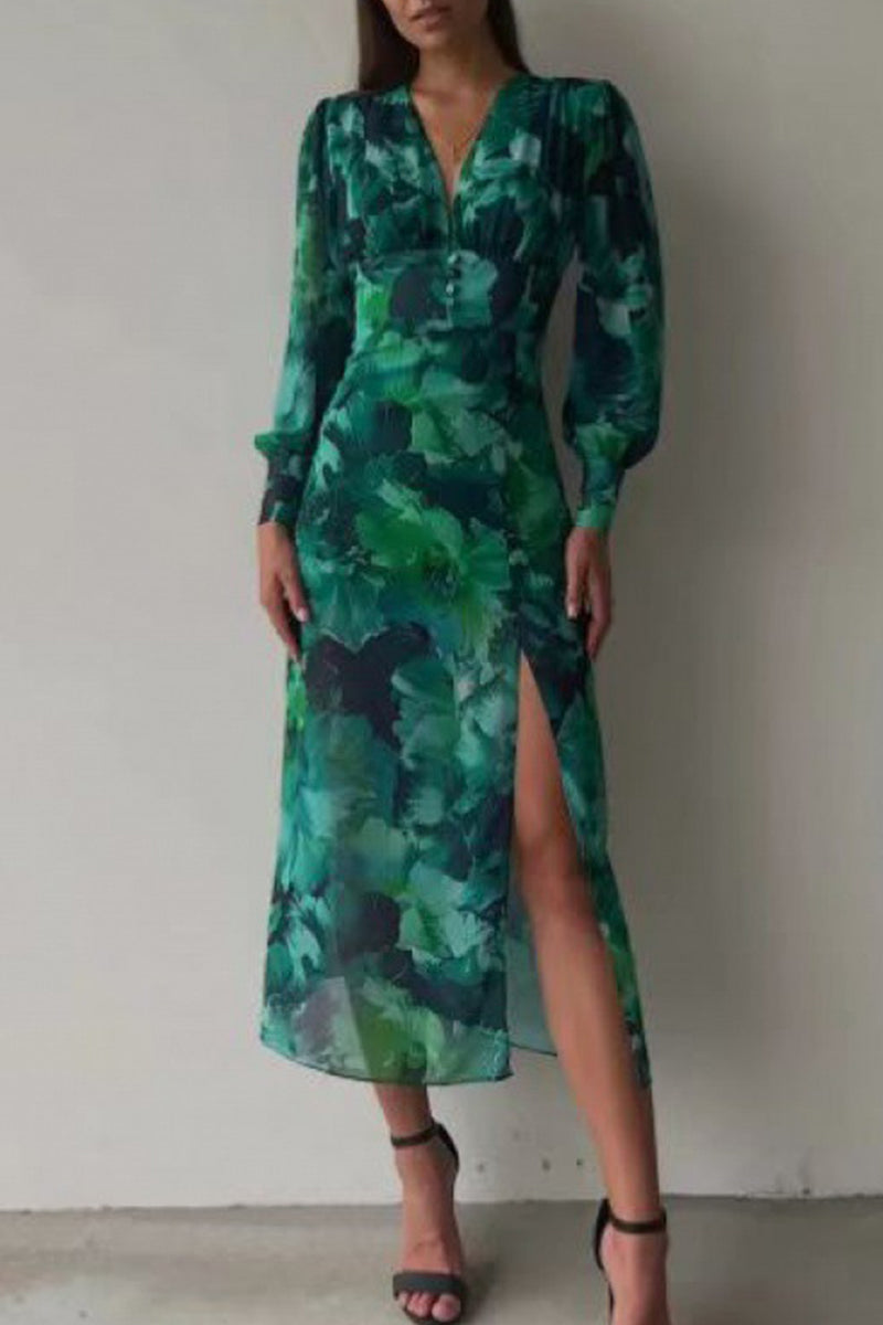 Elegant Floral Slit V Neck A Line Dresses