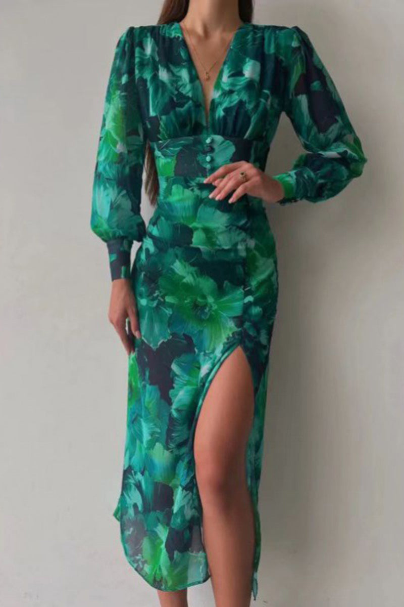 Elegant Floral Slit V Neck A Line Dresses