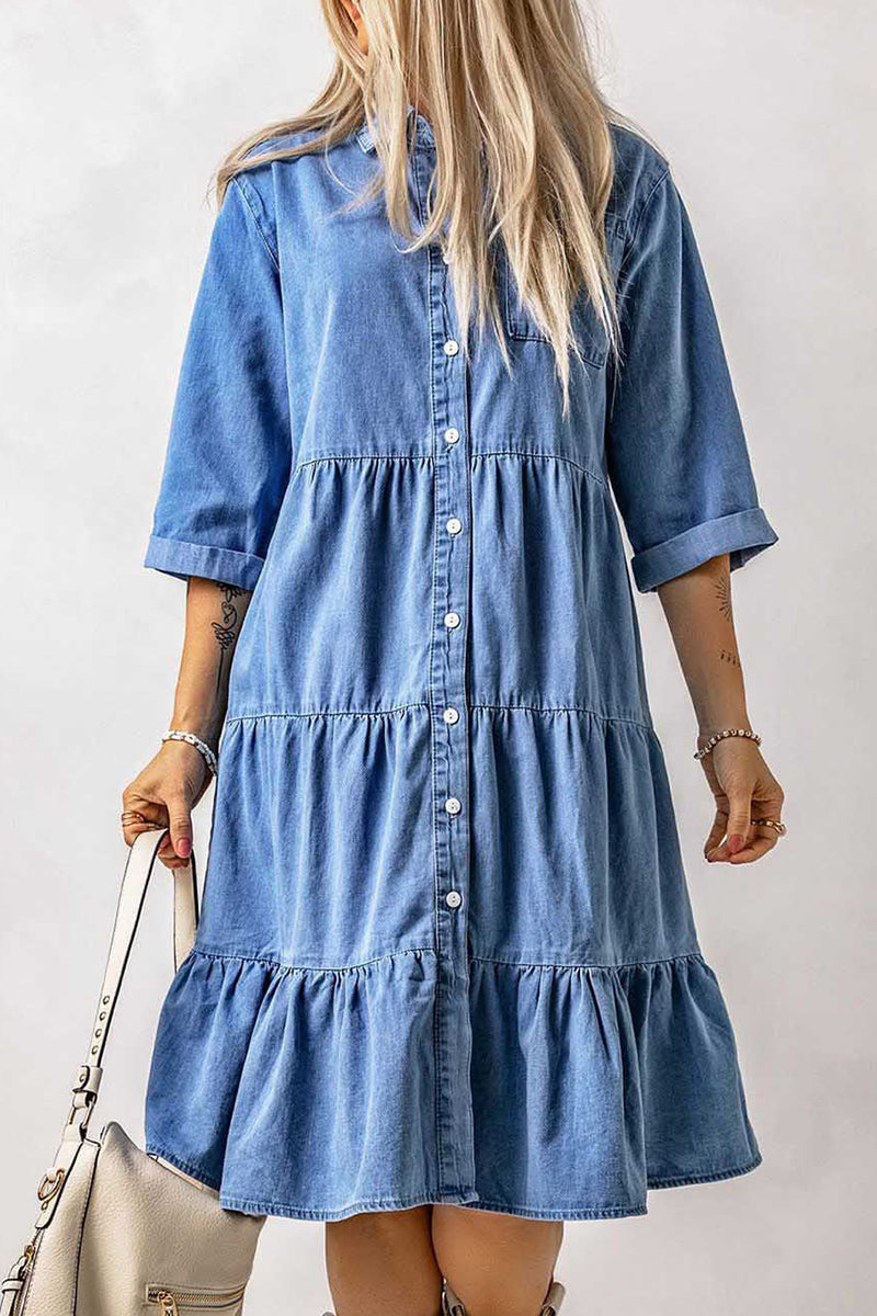 Casual Street Solid Patchwork Turndown Collar Nine Points Sleeve Loose Denim Dresses