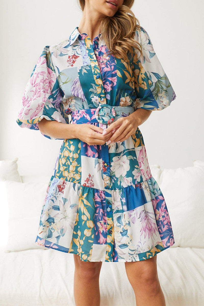 Bohemian Floral With Belt Turndown Collar A Line Dresses