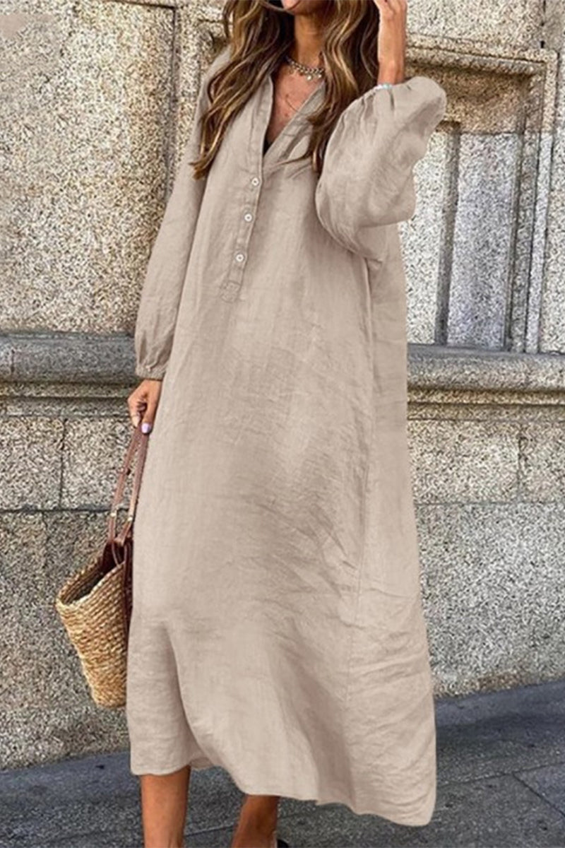 Casual Solid Buttons V Neck Long Sleeve Dresses(4 Colors)