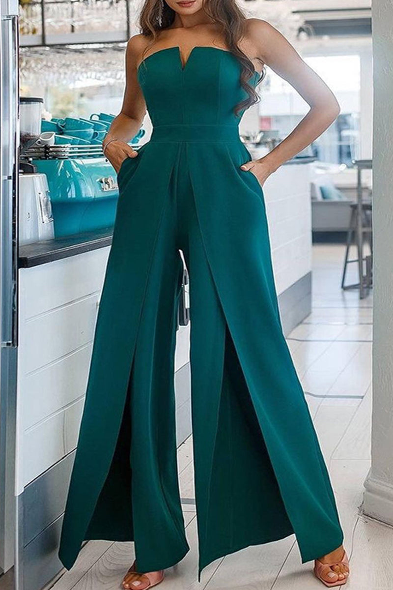 Casual Solid Pocket Slit Strapless Regular Jumpsuits(7 Colors)