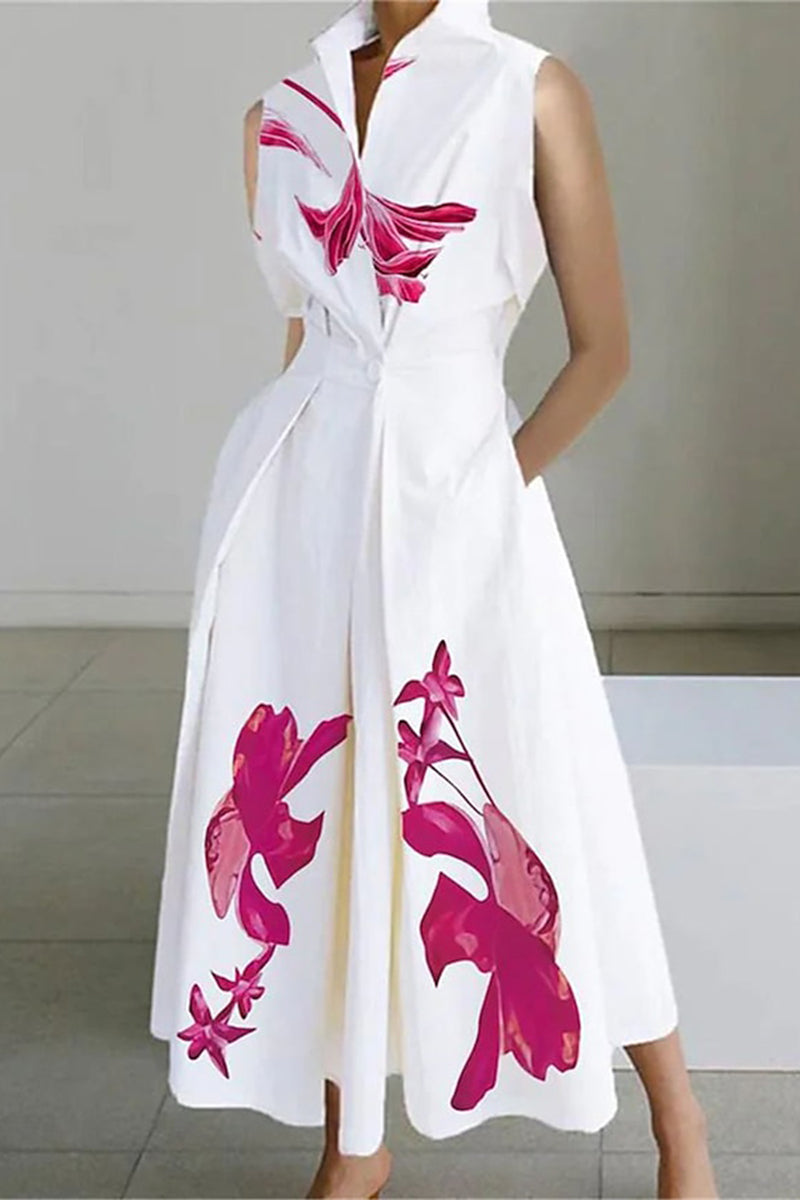 Elegant Floral Pocket Mandarin Collar A Line Dresses