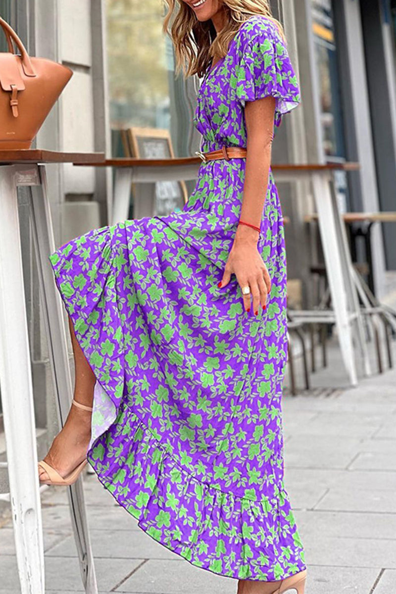 Elegant Floral With Belt V Neck A Line Dresses