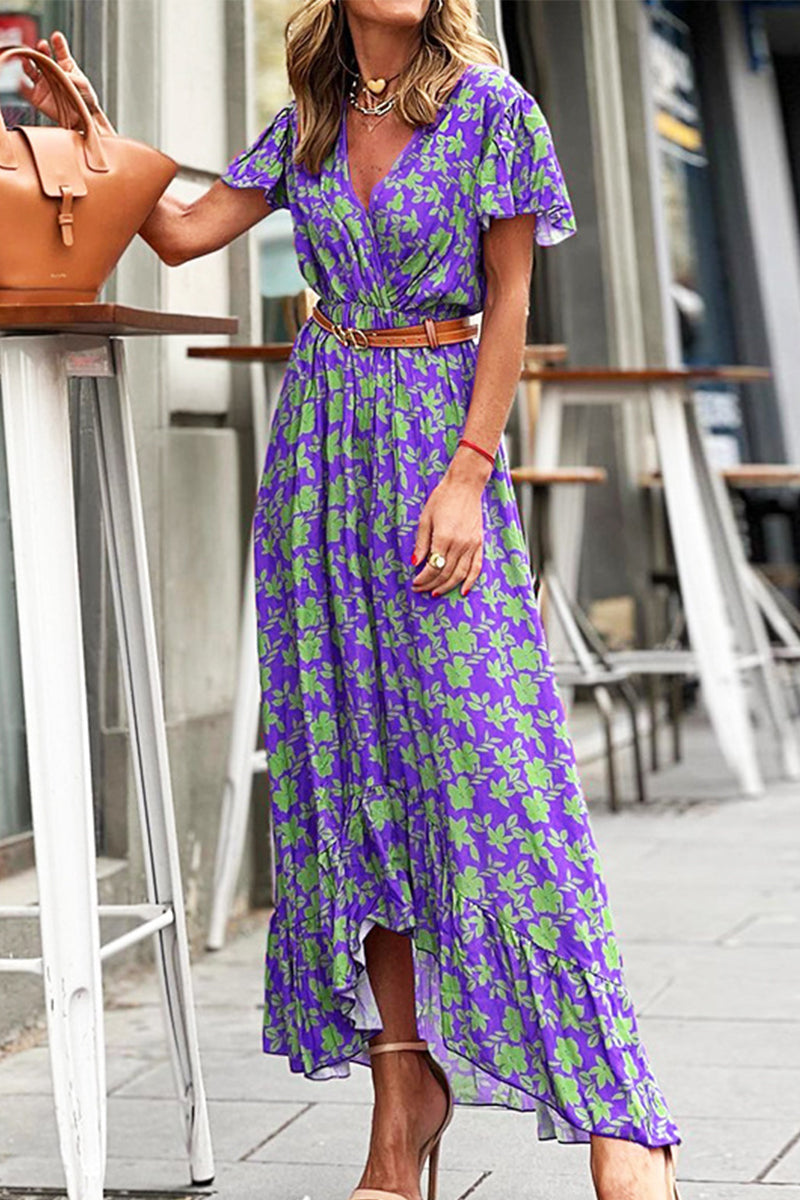 Elegant Floral With Belt V Neck A Line Dresses