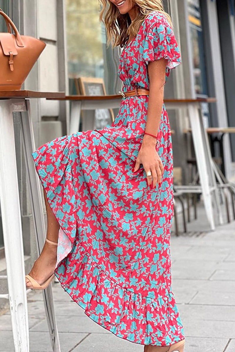 Elegant Floral With Belt V Neck A Line Dresses