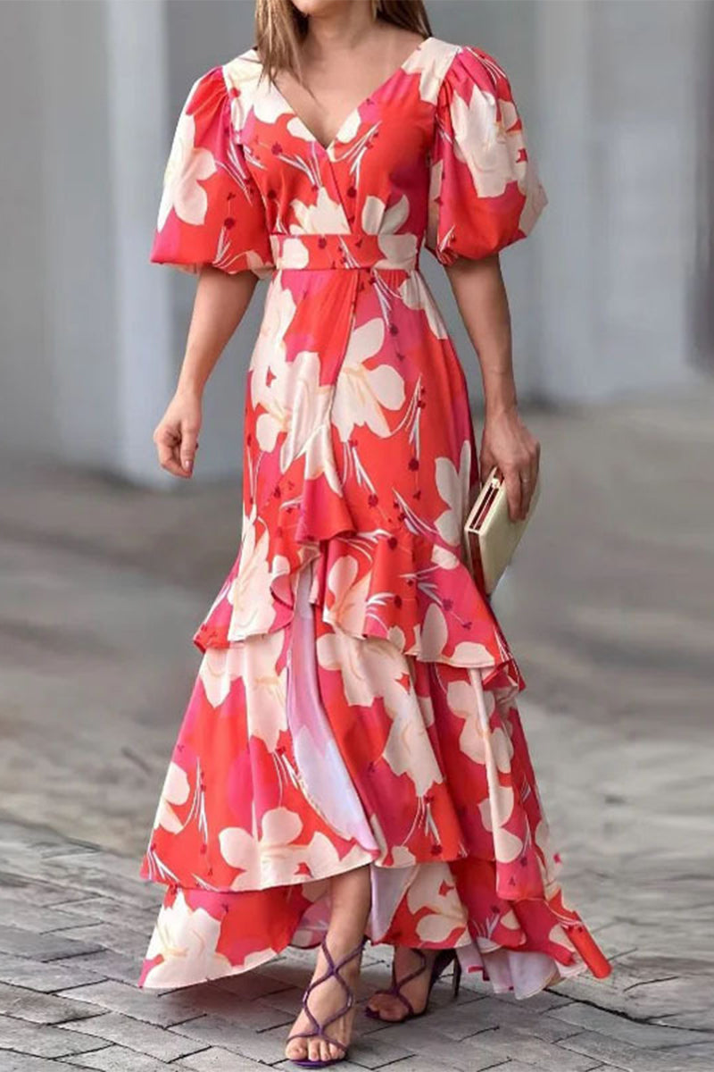 Elegant Floral Patchwork V Neck A Line Dresses