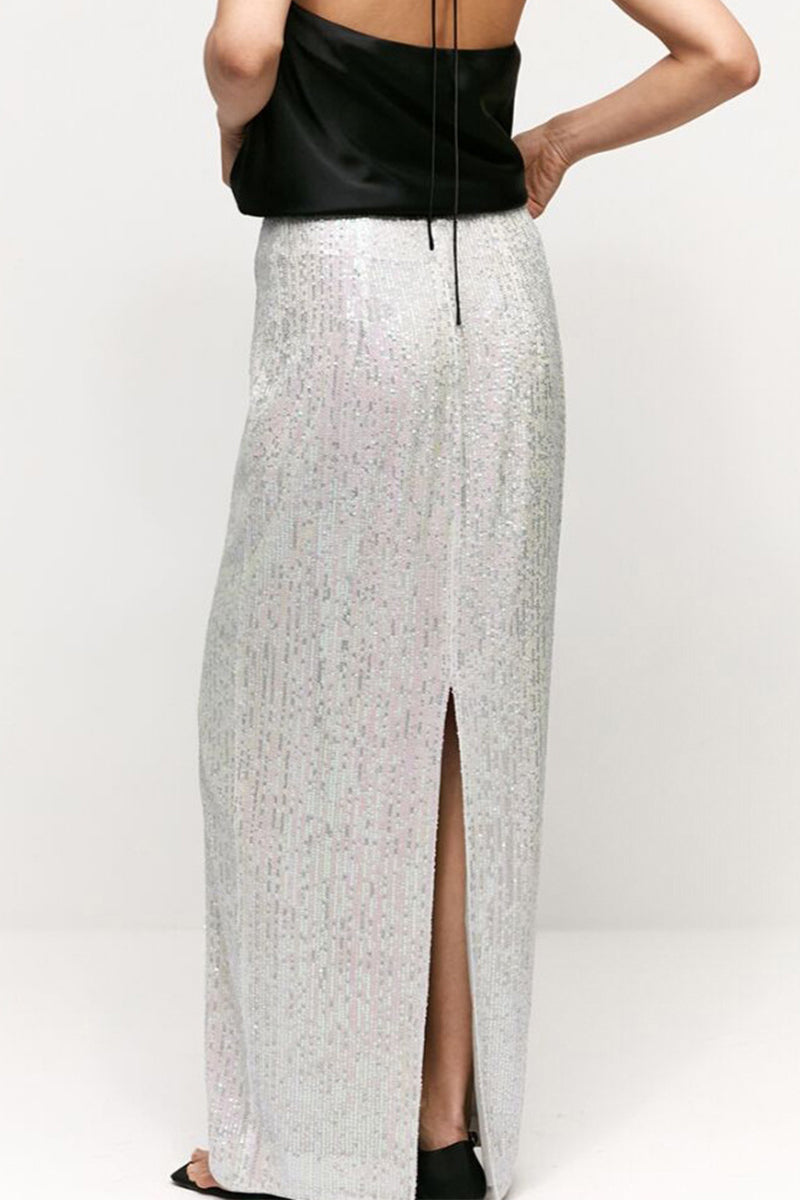 Elegant Solid Sequins Straight Solid Color Bottoms