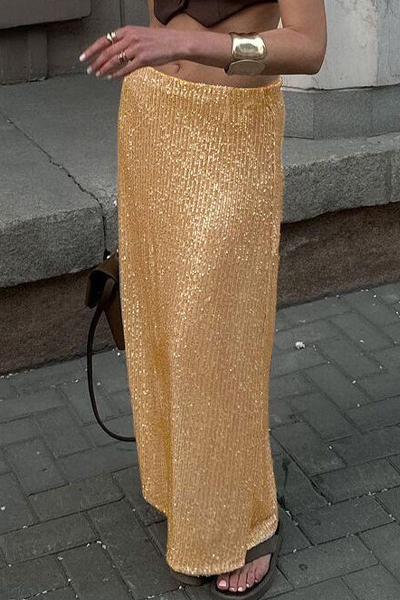 Elegant Solid Sequins Straight Solid Color Bottoms