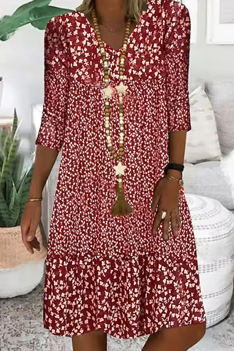 Casual Print V Neck A Line Dresses