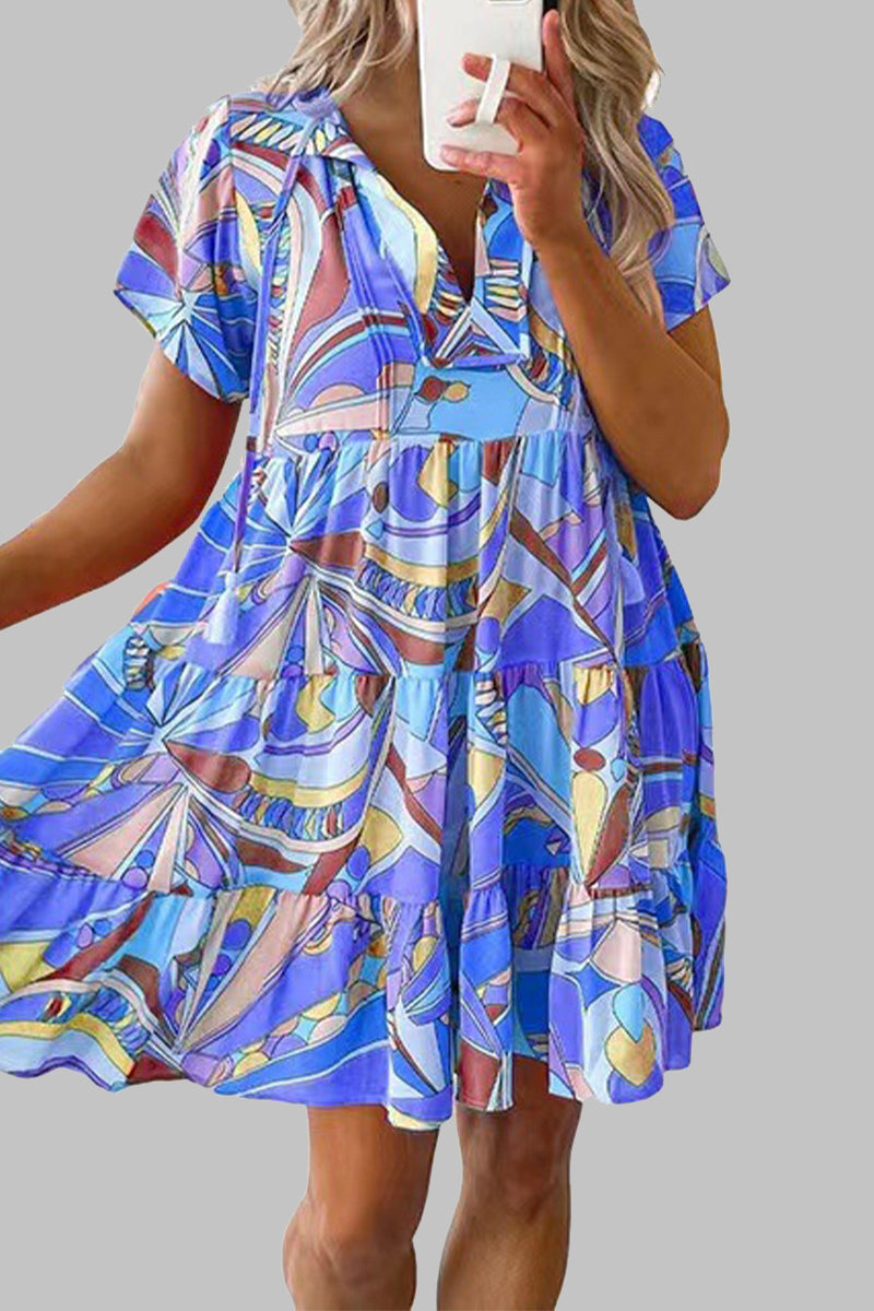 Bohemian Geometric Print V Neck A Line Dresses