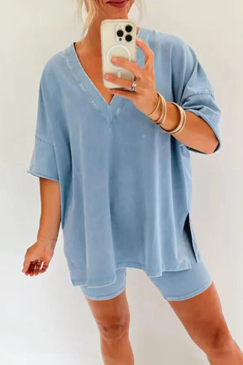 Casual Simplicity Solid V Neck Short Sleeve Two Pieces