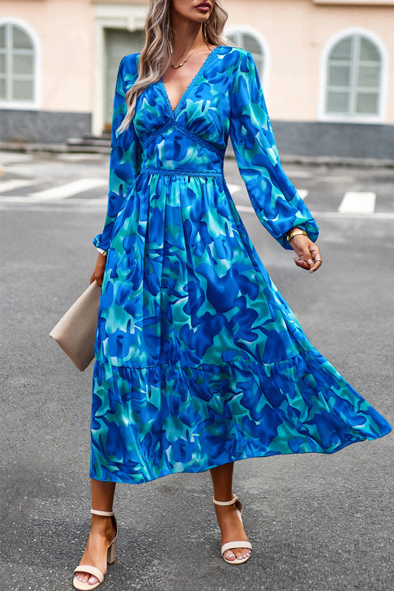 Elegant Geometric Printing V Neck A Line Dresses