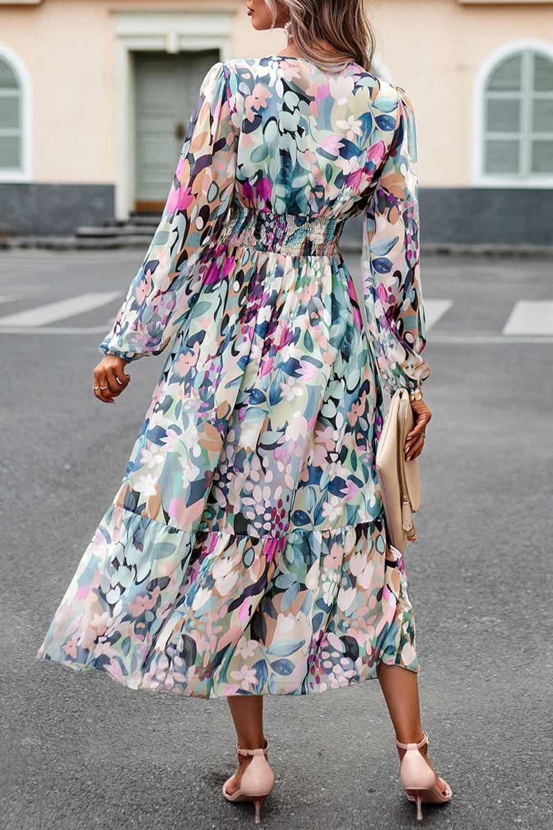 Elegant Geometric Printing V Neck A Line Dresses