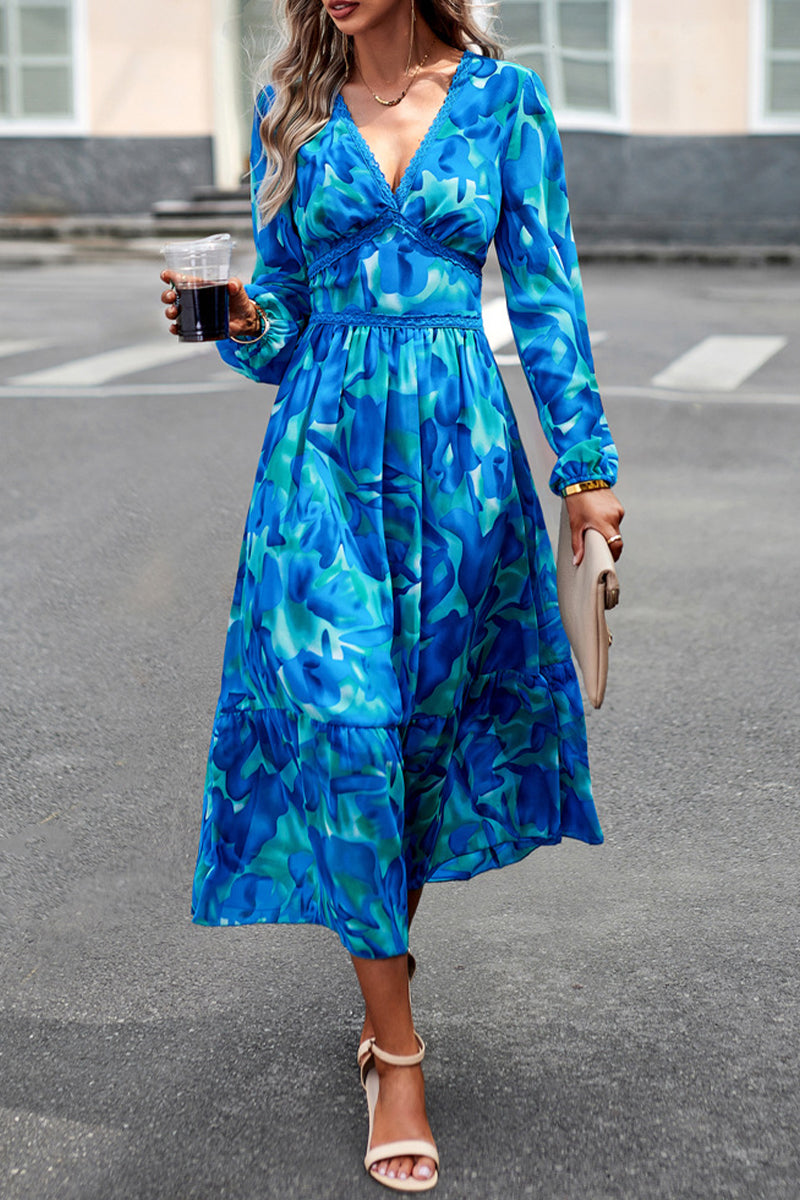 Elegant Geometric Printing V Neck A Line Dresses