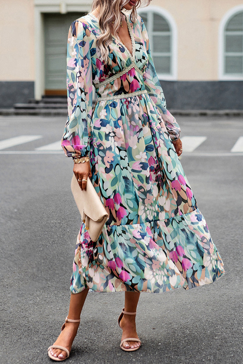 Elegant Geometric Printing V Neck A Line Dresses