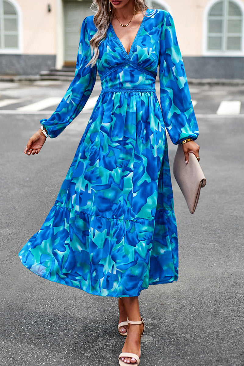 Elegant Geometric Printing V Neck A Line Dresses