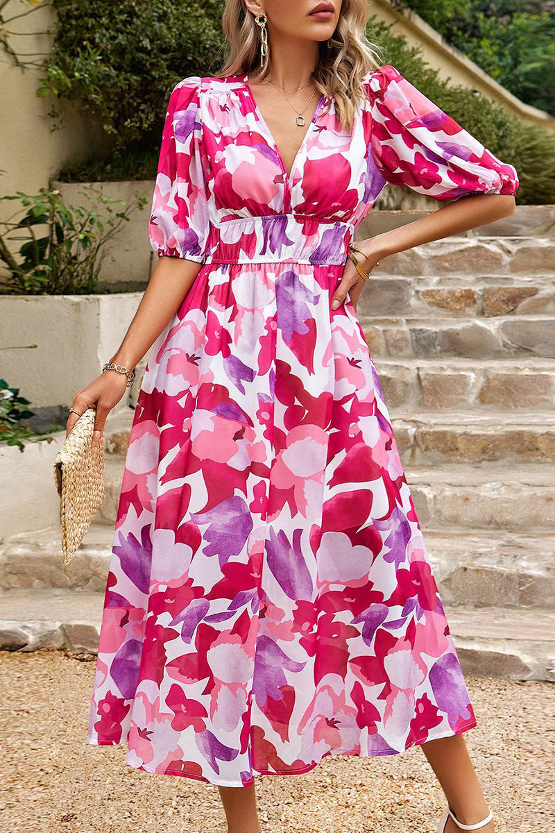 Elegant Print Patchwork V Neck A Line Dresses