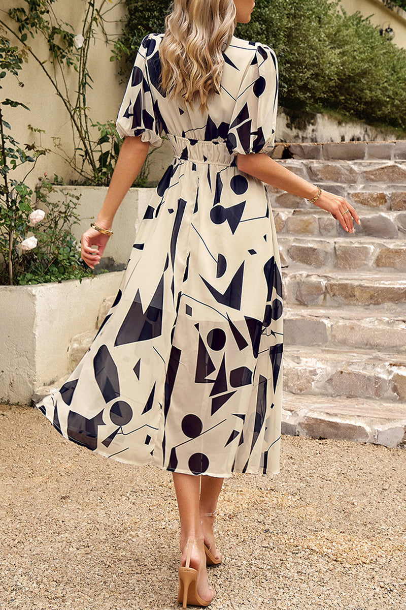 Elegant Print Patchwork V Neck A Line Dresses