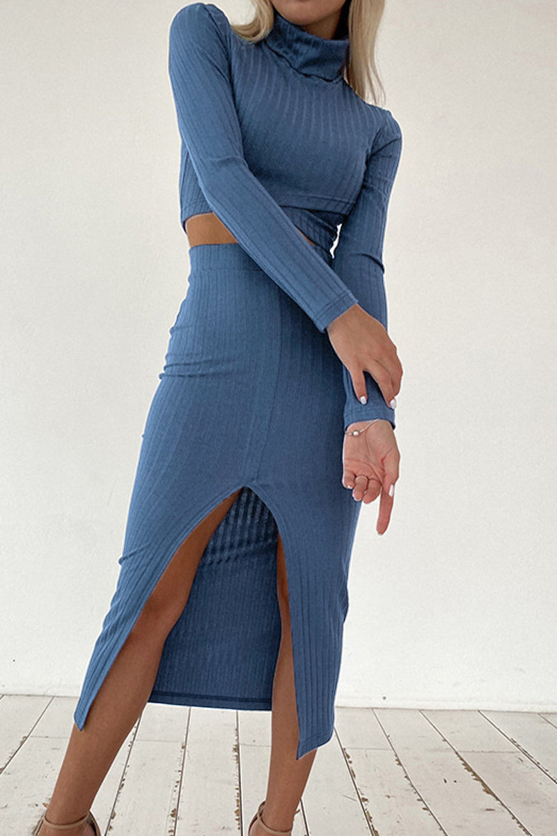 Elegant Solid Slit Turtleneck Long Sleeve Two Pieces(4 Colors)