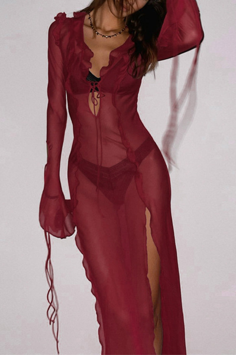 Sexy Solid Frenulum See-through V Neck A Line Dresses Sexy Solid Frenulum See-through V Neck A Line Dresses