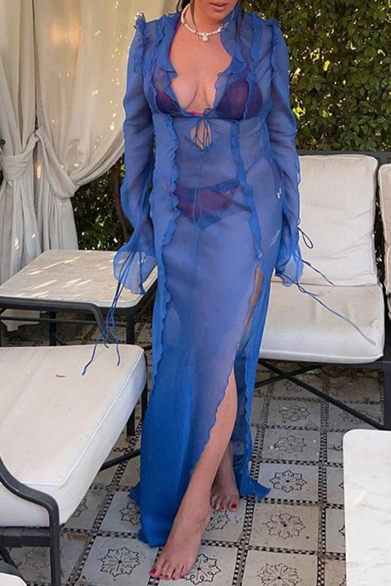 Sexy Solid Frenulum See-through V Neck A Line Dresses Sexy Solid Frenulum See-through V Neck A Line Dresses