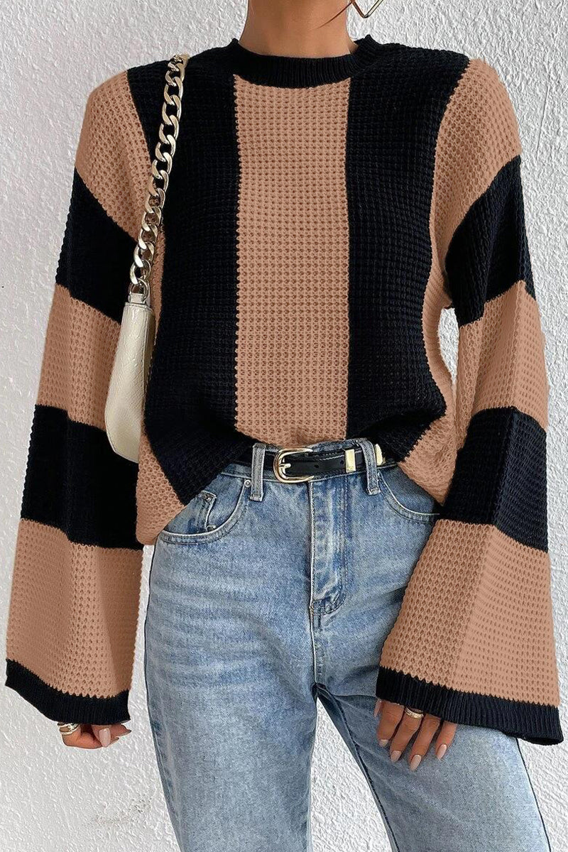 Casual Striped Contrast O Neck Tops