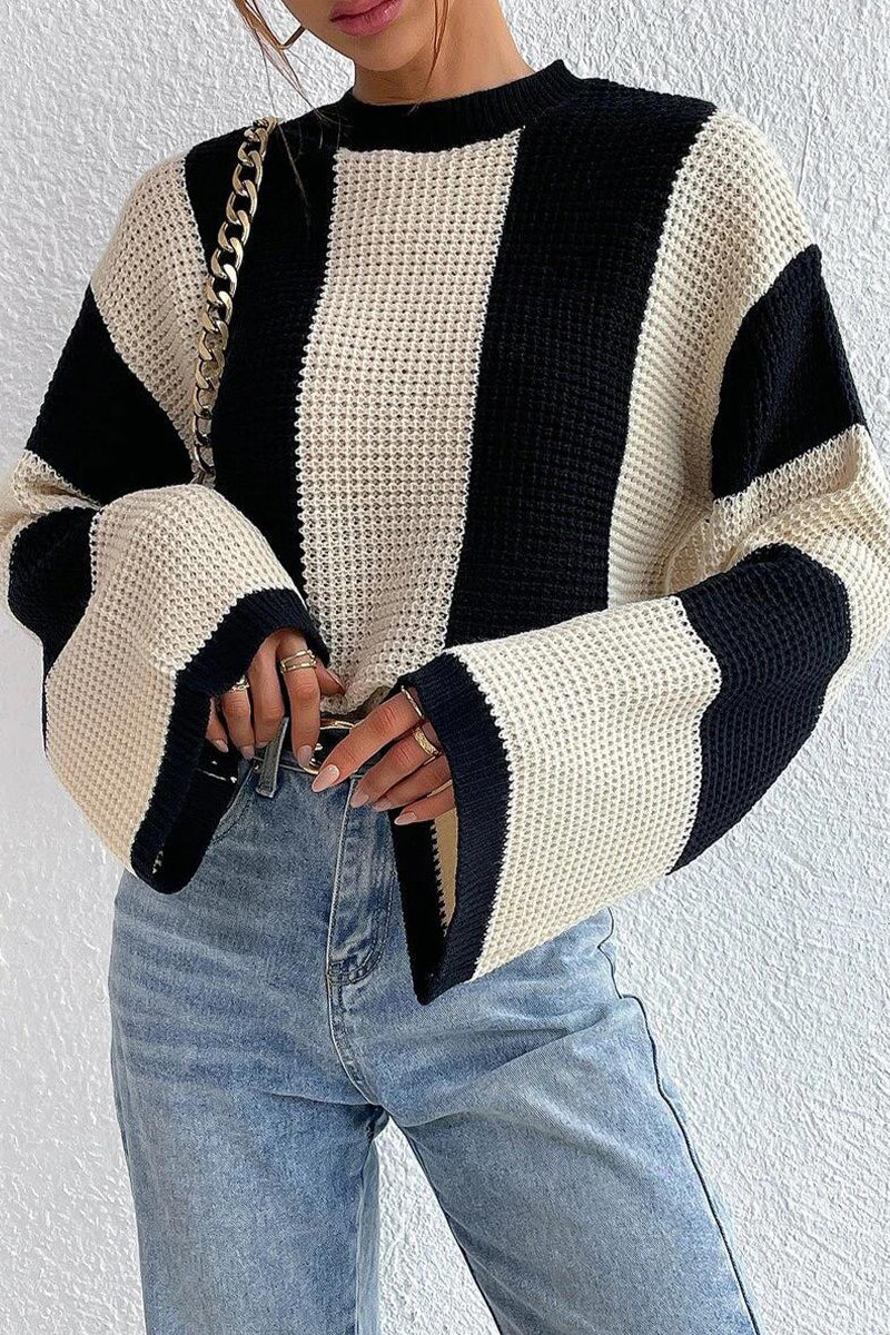 Casual Striped Contrast O Neck Tops