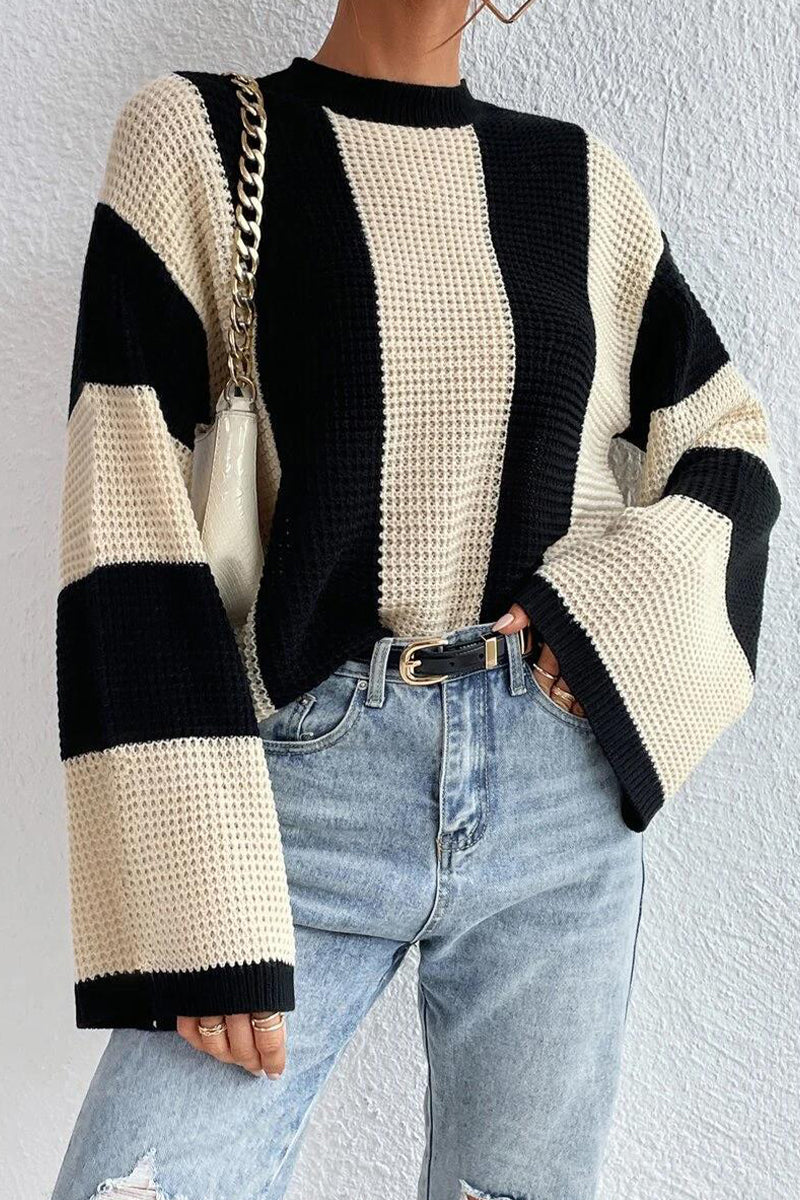 Casual Striped Contrast O Neck Tops