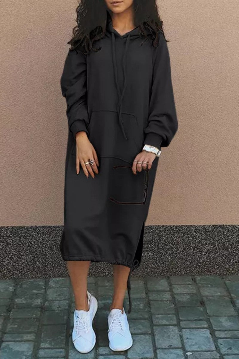 Casual Solid Patchwork Hooded Collar Long Sleeve Dresses