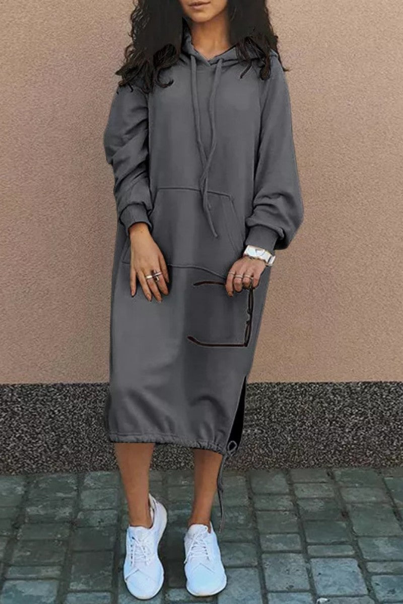 Casual Solid Patchwork Hooded Collar Long Sleeve Dresses