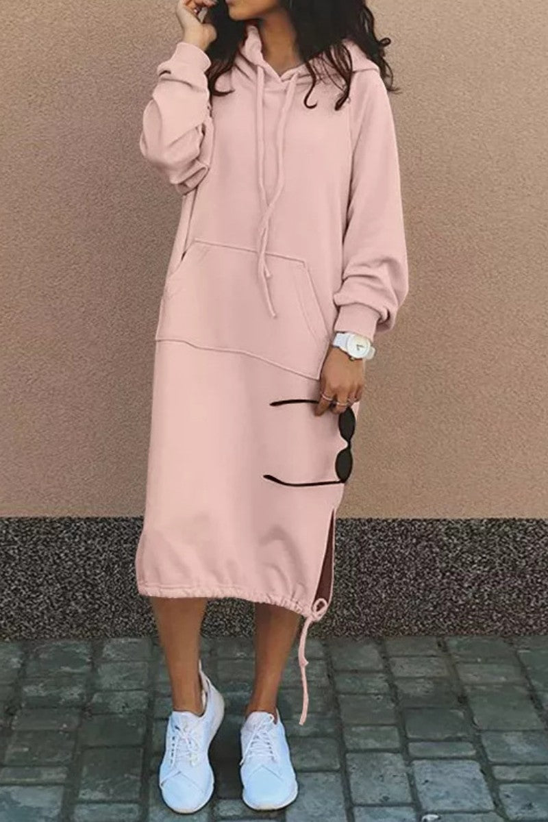 Casual Solid Patchwork Hooded Collar Long Sleeve Dresses