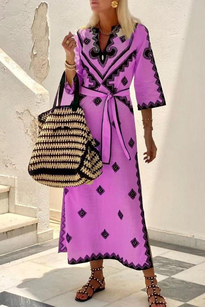 Bohemian Elegant Geometric Print With Belt V Neck A Line Dresses