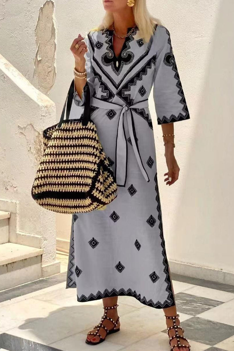 Bohemian Elegant Geometric Print With Belt V Neck A Line Dresses