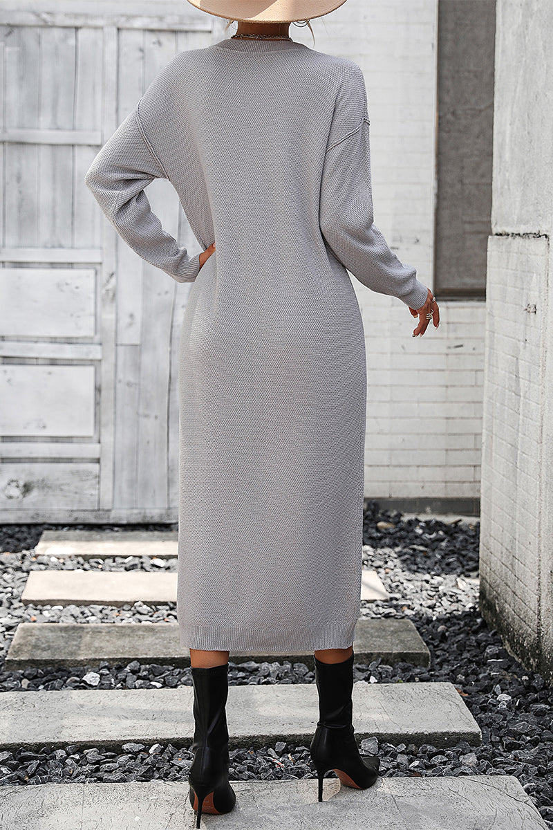 Elegant Solid Buckle O Neck Long Sleeve Dresses