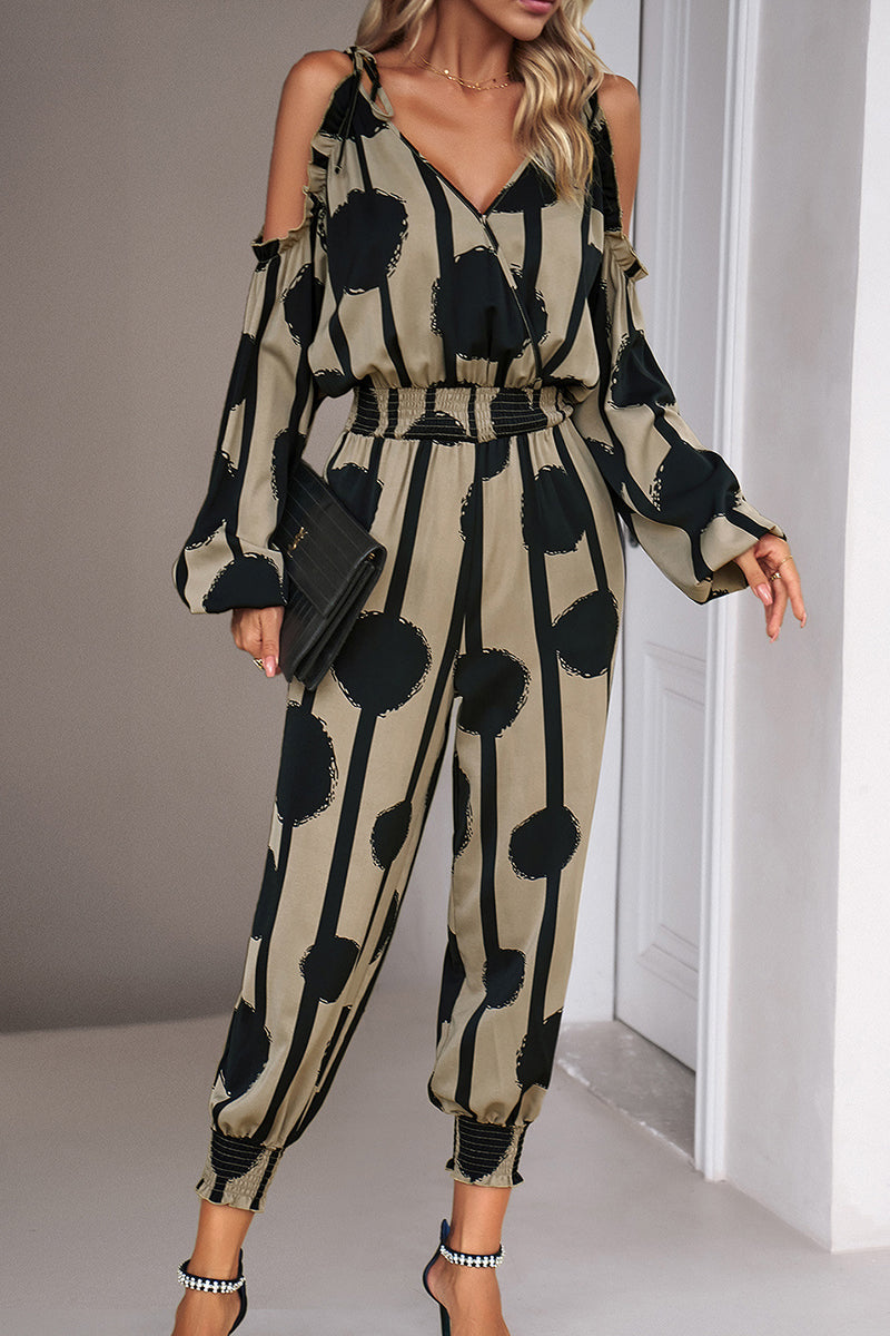 Elegant Striped Dot Patchwork V Neck Jumpsuits