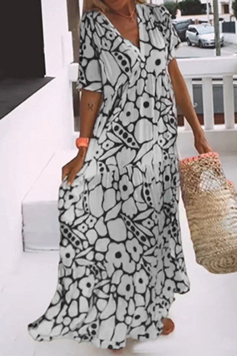 Elegant Geometric Printing V Neck A Line Dresses