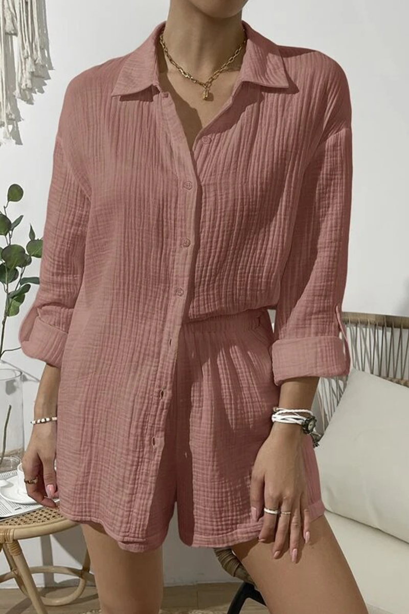 Casual Simplicity Solid Fold Turndown Collar Long Sleeve Two Pieces