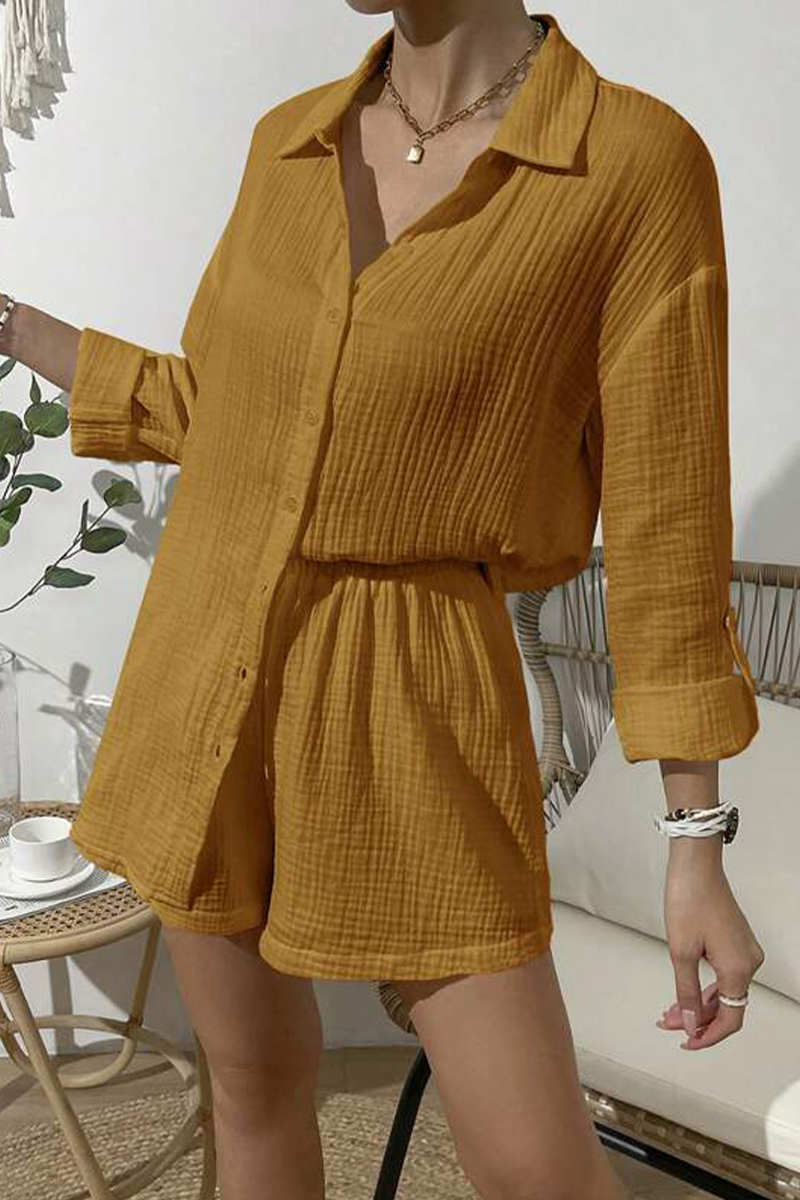 Casual Simplicity Solid Fold Turndown Collar Long Sleeve Two Pieces