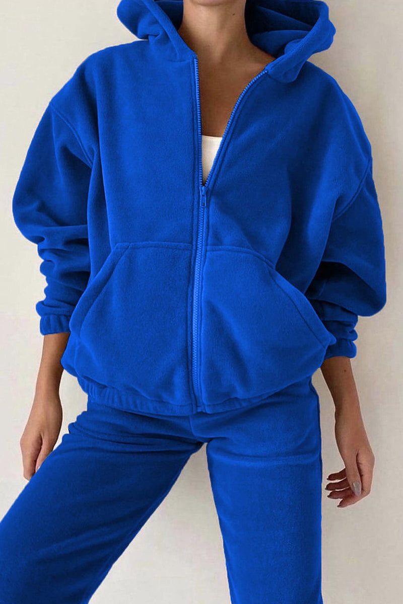 Casual Solid Zipper Hooded Collar Long Sleeve Two Pieces(5 Colors)