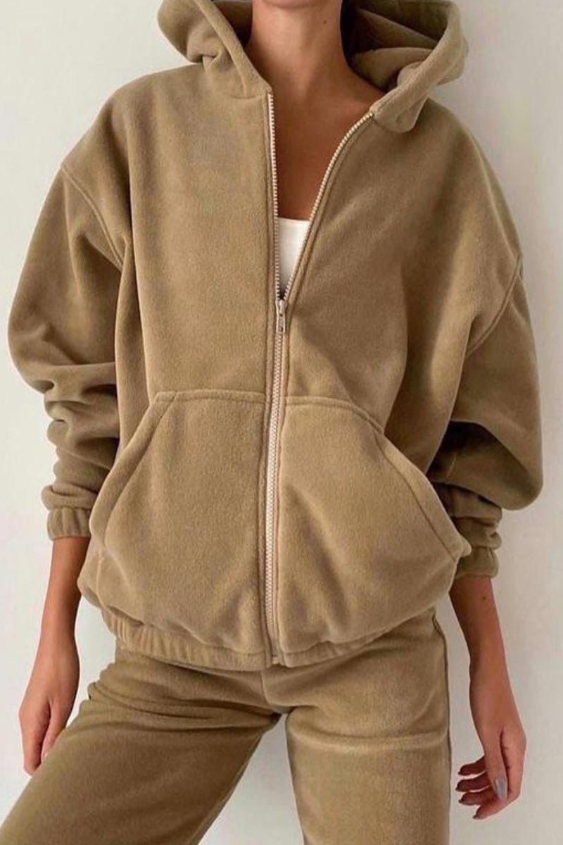 Casual Solid Zipper Hooded Collar Long Sleeve Two Pieces(5 Colors)