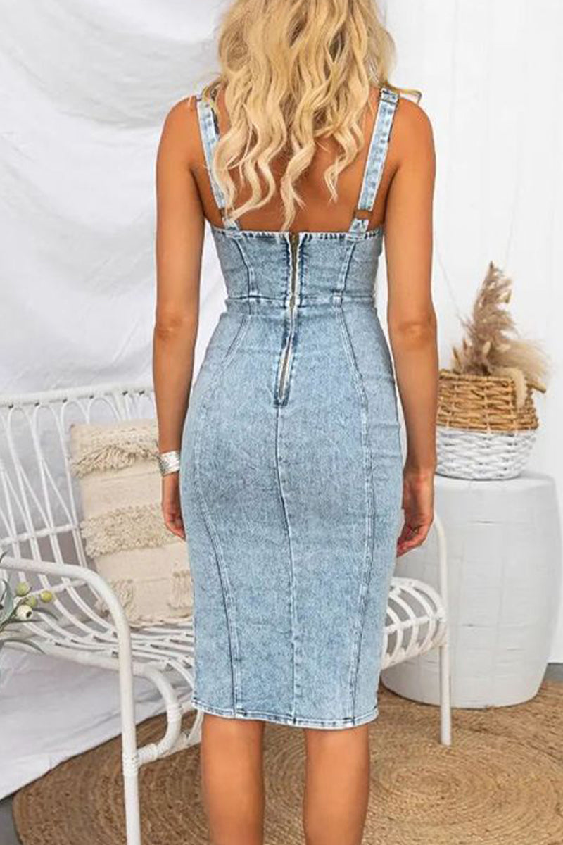 Sexy Solid Slit U Neck Sleeveless Regular Denim Dresses