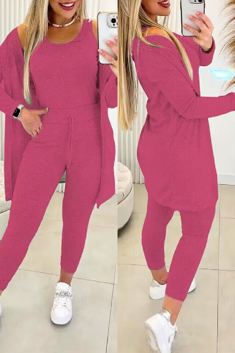 Casual Solid Basic O Neck Long Sleeve Three Piece Set(7 Colors)