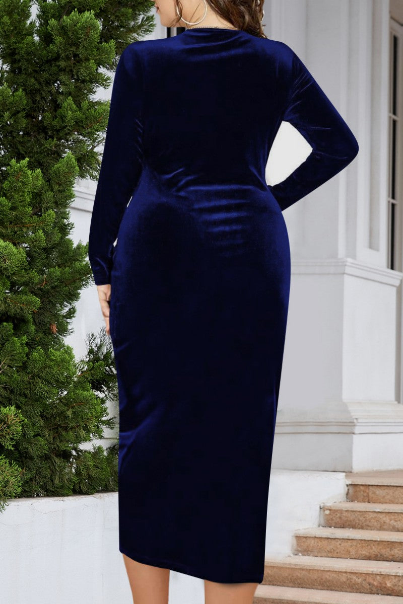 Casual Solid Patchwork V Neck Long Sleeve Plus Size Dresses