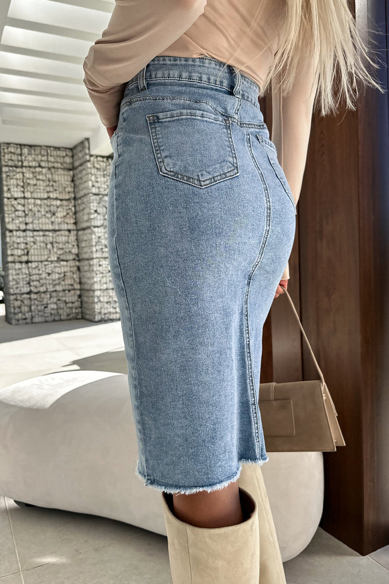 Street Solid Make Old Slit Asymmetrical Regular Denim Skirts