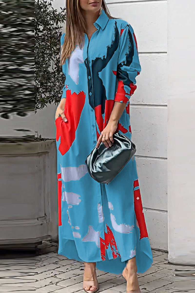 Casual Street Geometric Printing Turndown Collar Shirt Dresses(9 Colors)