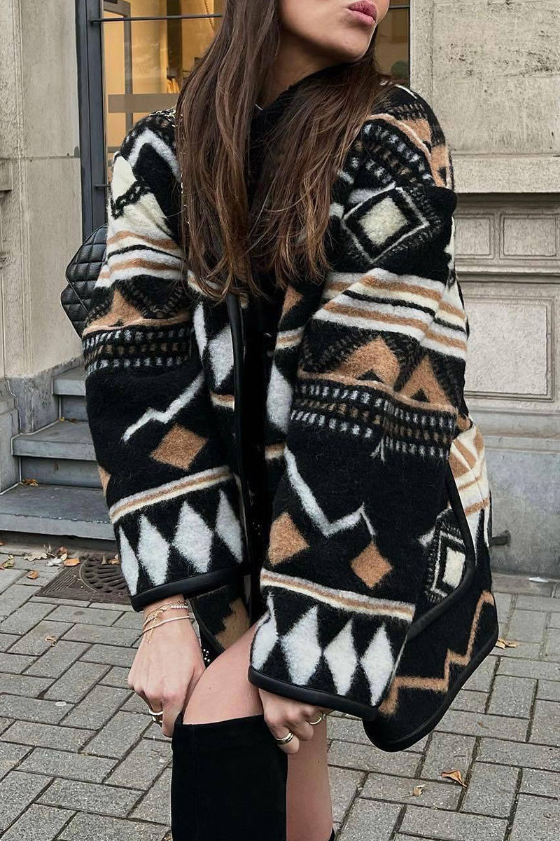 Casual Street Geometric Print Pocket U Neck Outerwear