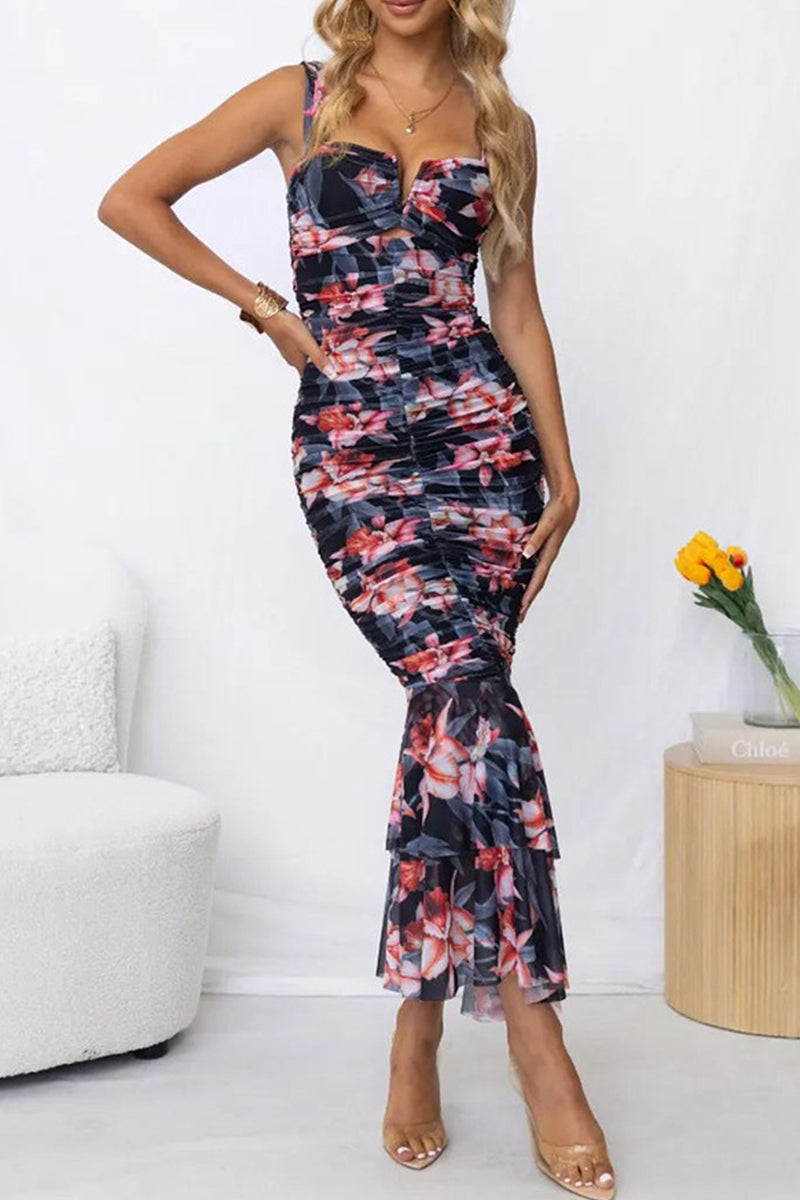 Elegant Floral Fold Square Collar Printed Dress Dresses(3 Colors)