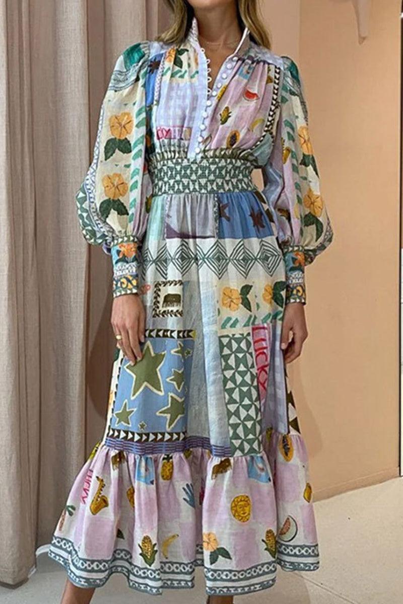 Elegant Print Patchwork Turndown Collar Printed Dress Dresses